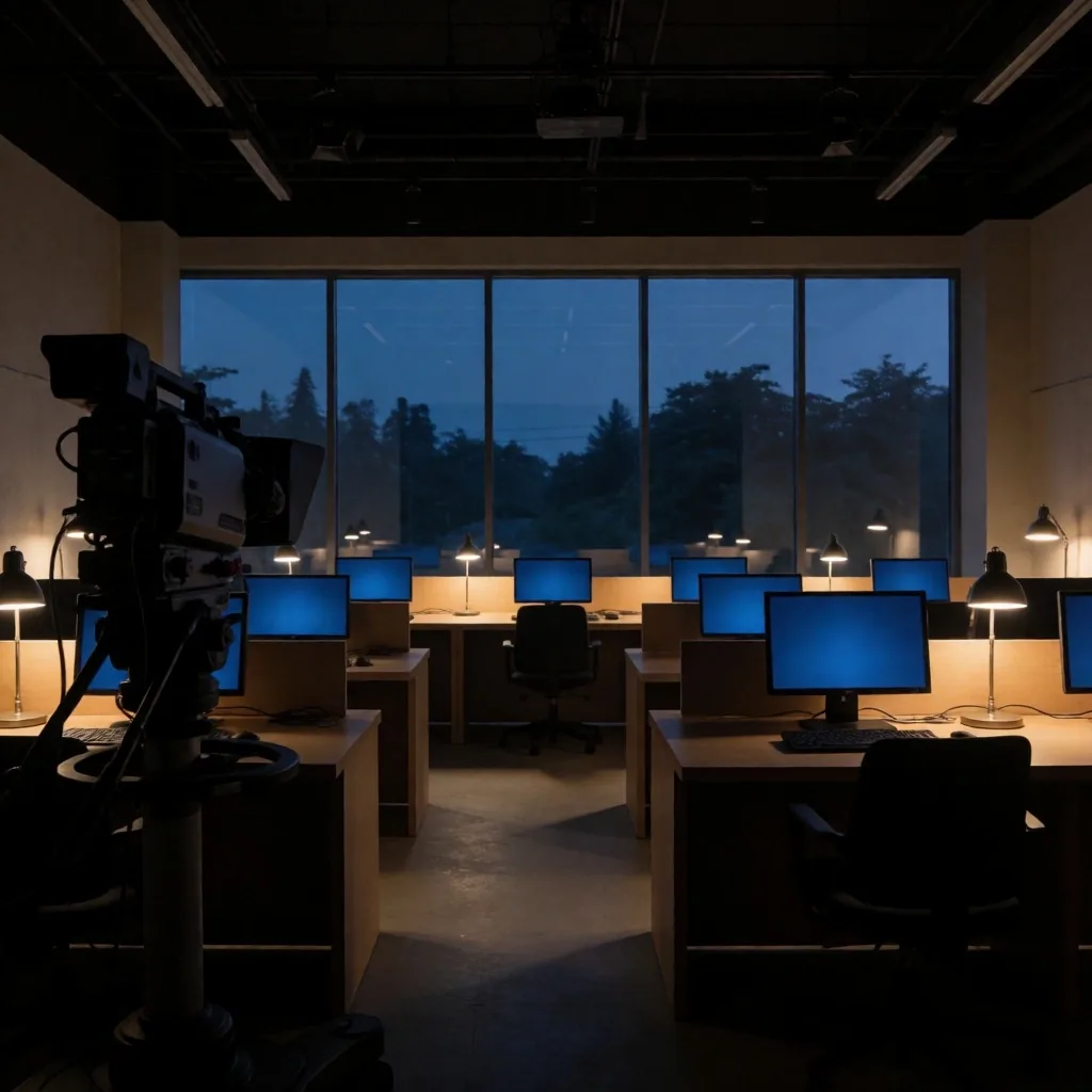 Interior ruang redaksi menjelang fajar dengan layar monitor menyala