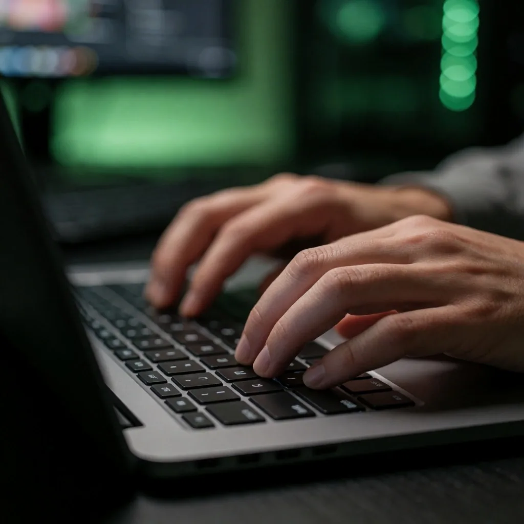 Jurnalis mengetik di laptop dalam ruang redaksi dengan cahaya layar berwarna hijau