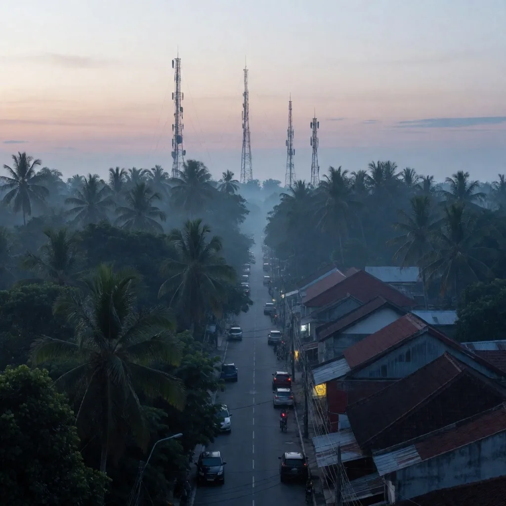 Pemandangan kota Banda Aceh menjelang fajar dengan menara pemancar di kejauhan