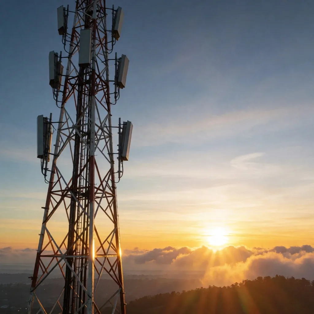 Menara transmisi di pinggir pantai Aceh saat fajar